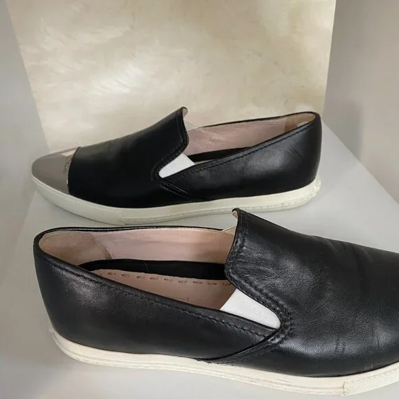 EUC MIU Black Silver Metal CapToe Leather Skate Slip on Sneakers Shoe 37 7 - Picture 9 of 10